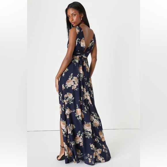 Lulus Heavenly Hues Navy Blue Floral Print Maxi Event Dress - Womens Medium- 6/8 - Picture 2 of 14
